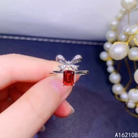fine jewelry 925 sterling silver inset with natural gems womens popular lovely bowknot red garnet adjustable ring support detec