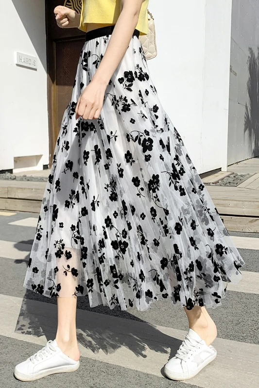 

COIGARSAM Women Skirt Summer Spring Mesh Skirts Khaki White Black Pale Blue 9483