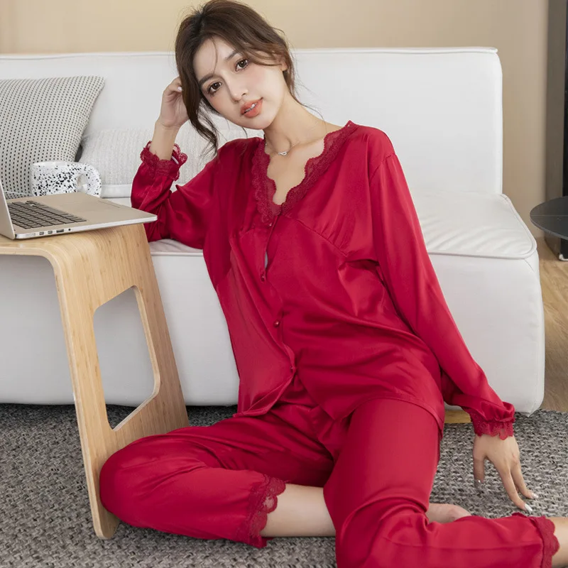 QWEEK Autumn Silk Like Pajama Set Women Lace Soft Sleepwear Long Sleeve Pijamas Brief Pyjamas Kawaii Nightwear Bedroom Suit Pjs