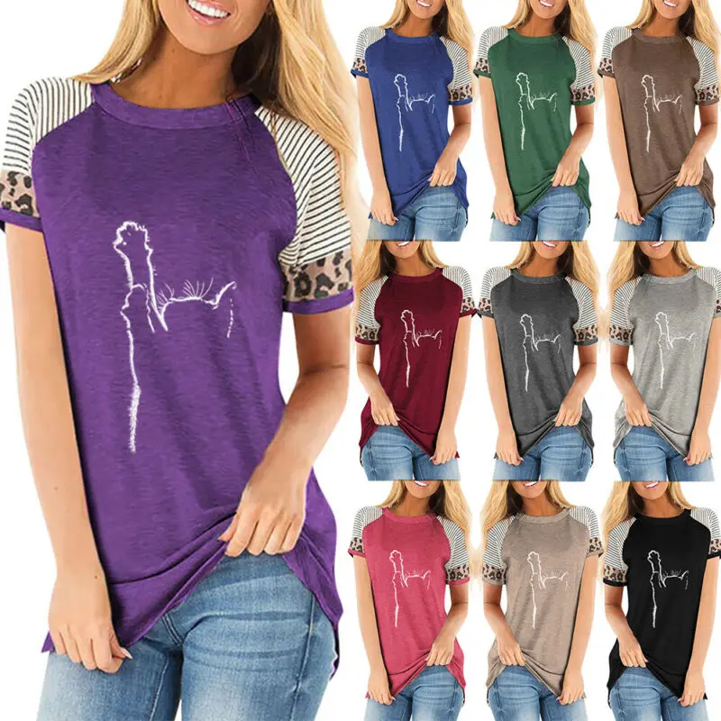 

Women Summer Leopard Print Striped Short Sleeve Cute Cat Casual T-shirts Tops