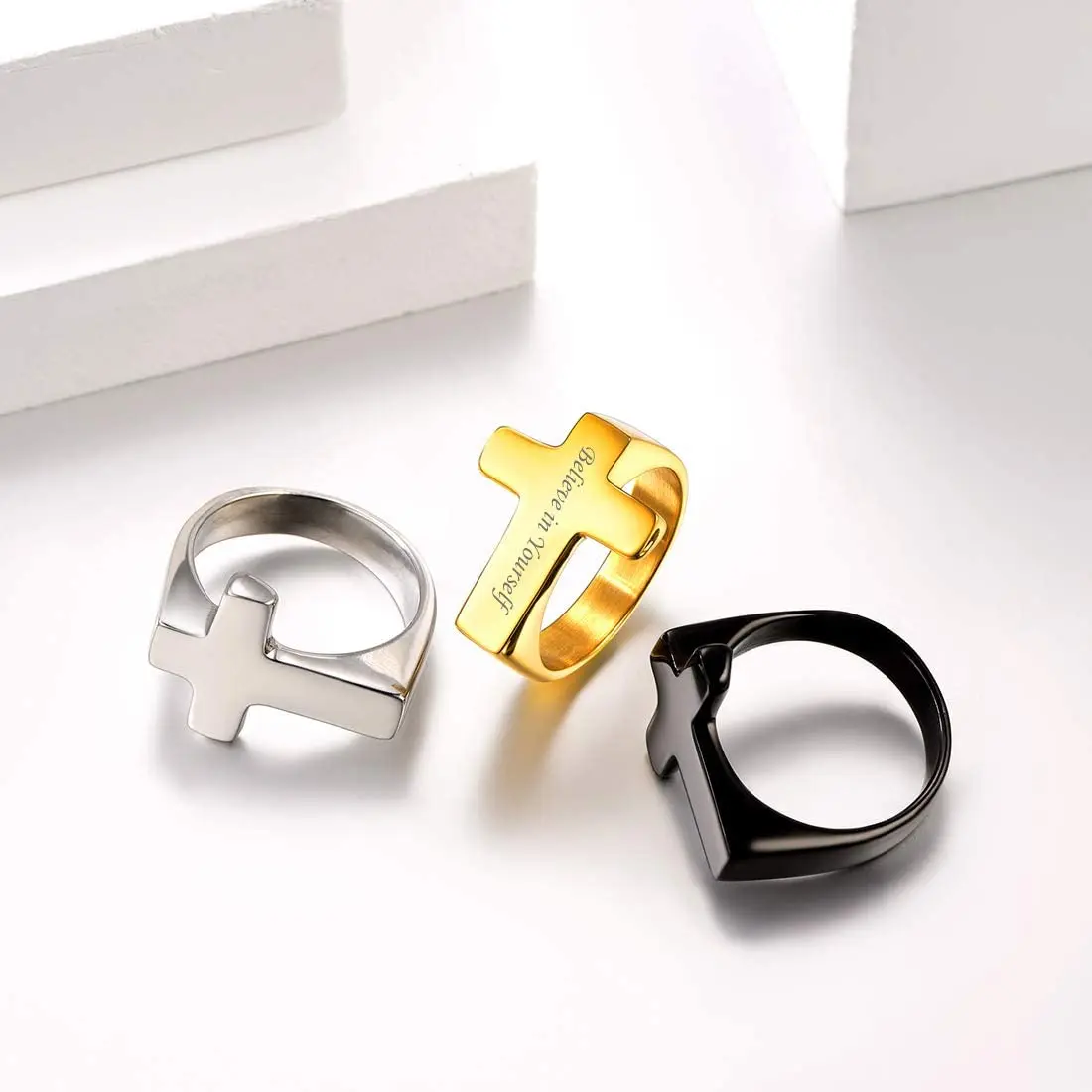 U7 Men Rings Statement Signet Cross Band Ring Gold Color Solid Polished Biker Rings Custom Message Text