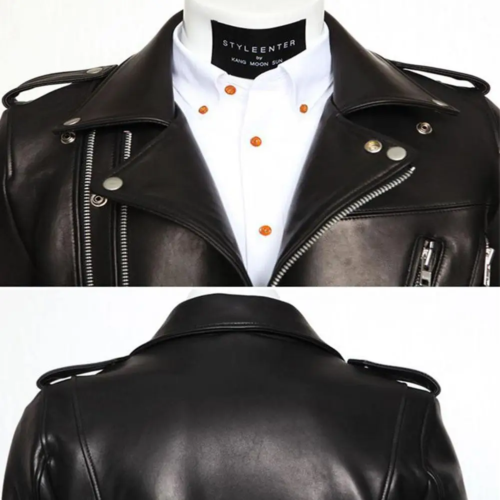 

Men Faux Leather Black Motorcycle PU Leather Jacket Stylish Multi Zippers Lapel Casual Coat Overcoat Male Tops Autumn Winter