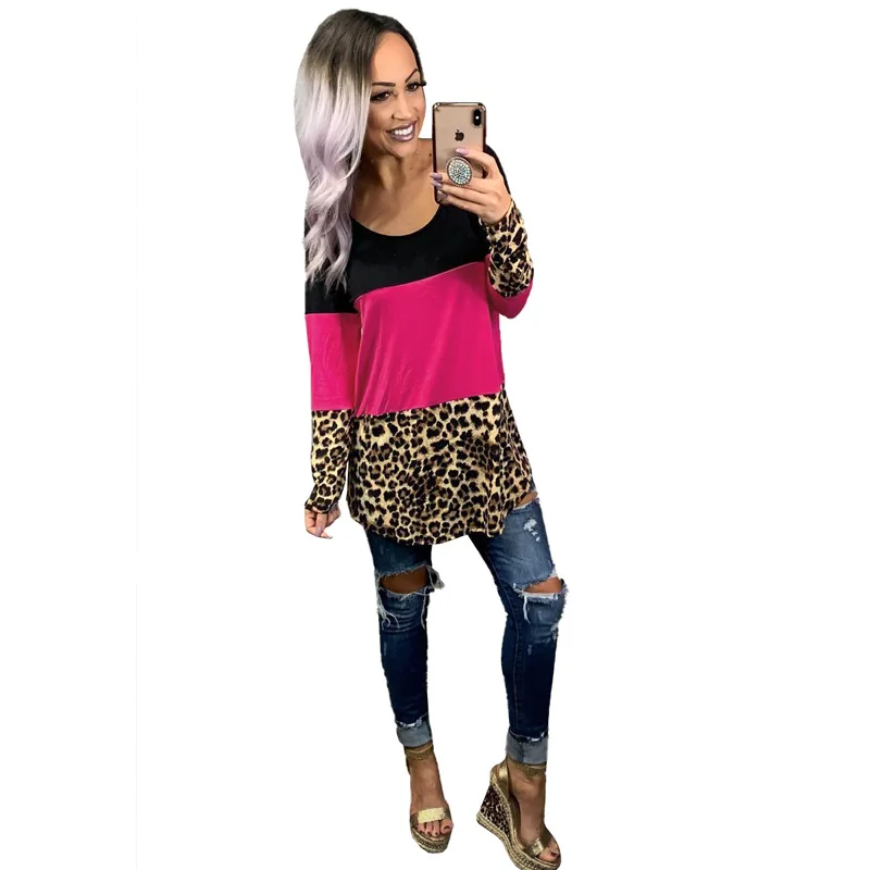 

Women's Round Neck Long Sleeve Leopard Lace Patchwork Tee T-Shirt Fashion 2020 Autumn Woman Tshirts Femme T Shirts