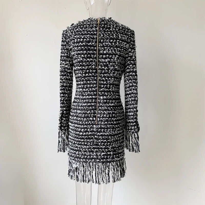 

HarleyFashion Luxury Fall Winter Warm Tweed Straight Quality Full Length Sleeve Short High Street Slim Tassel Dress