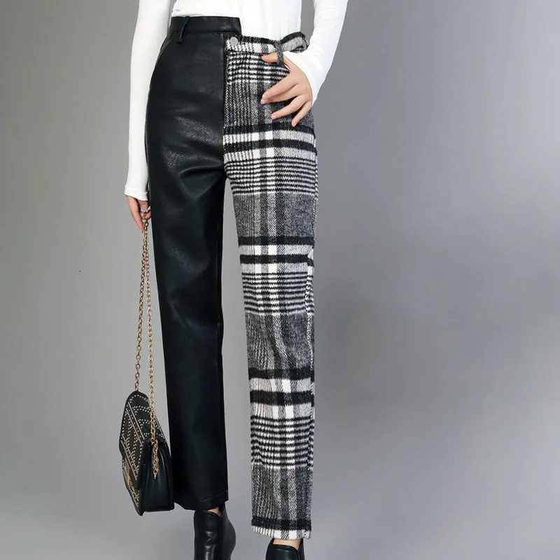 LANMREM 2020 Осень Новая мода Высокая талия девять очков кожаные штаны шить в клетку