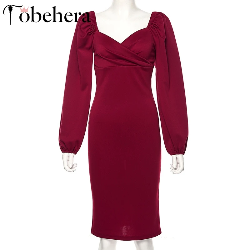 Glamaker облегающее зимнее красное платье с v-образным вырезом и длинным рукавом