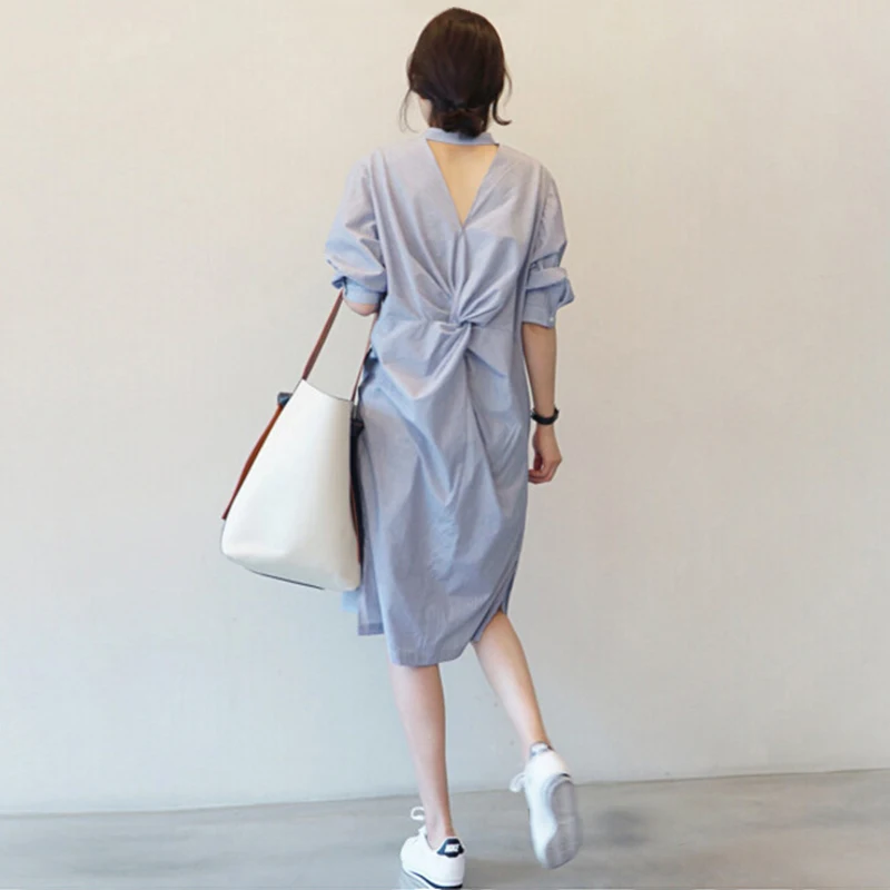 

Newly Women Shirt Dress Spring Summer Striped Buttoned Middle Sleeve Dress Korean Style Mid-length Dress DO99