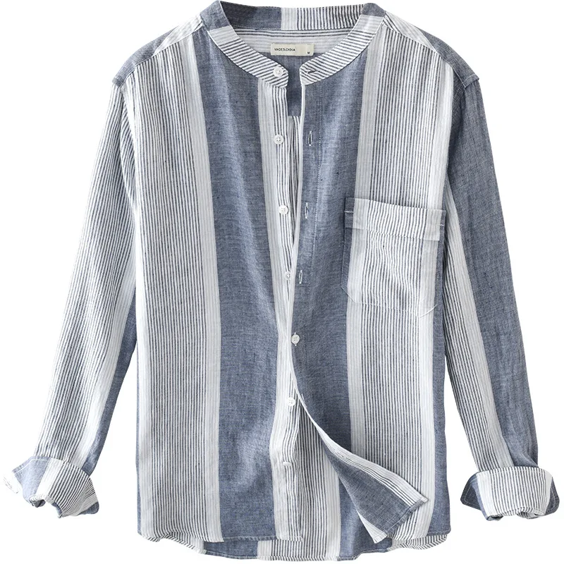 

2021 Men's Autumn Stripes Long Sleeve Cotton Linen Shirt Stand-up Collar Breathable Linen Shirt