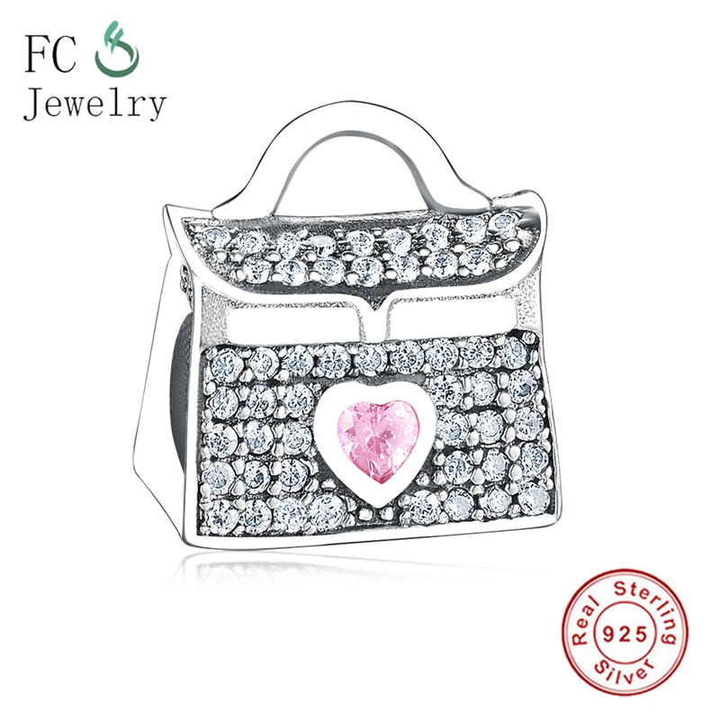 

Authentic 925 Sterling Silver Bead Charm Cute Pink Heart CZ Handbag Bag Beads Fits Original Charms Bracelet DIY Jewelry