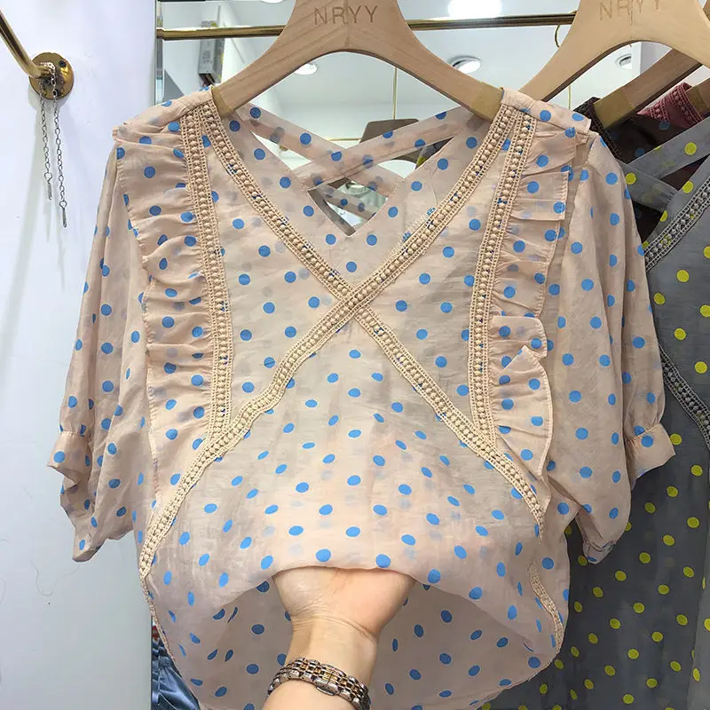 

Polka Dot V-neck Chiffon Shirt Short Sleeve Women's Summer 2021 New Korean Fashion Small Shirt Top Blouse Women