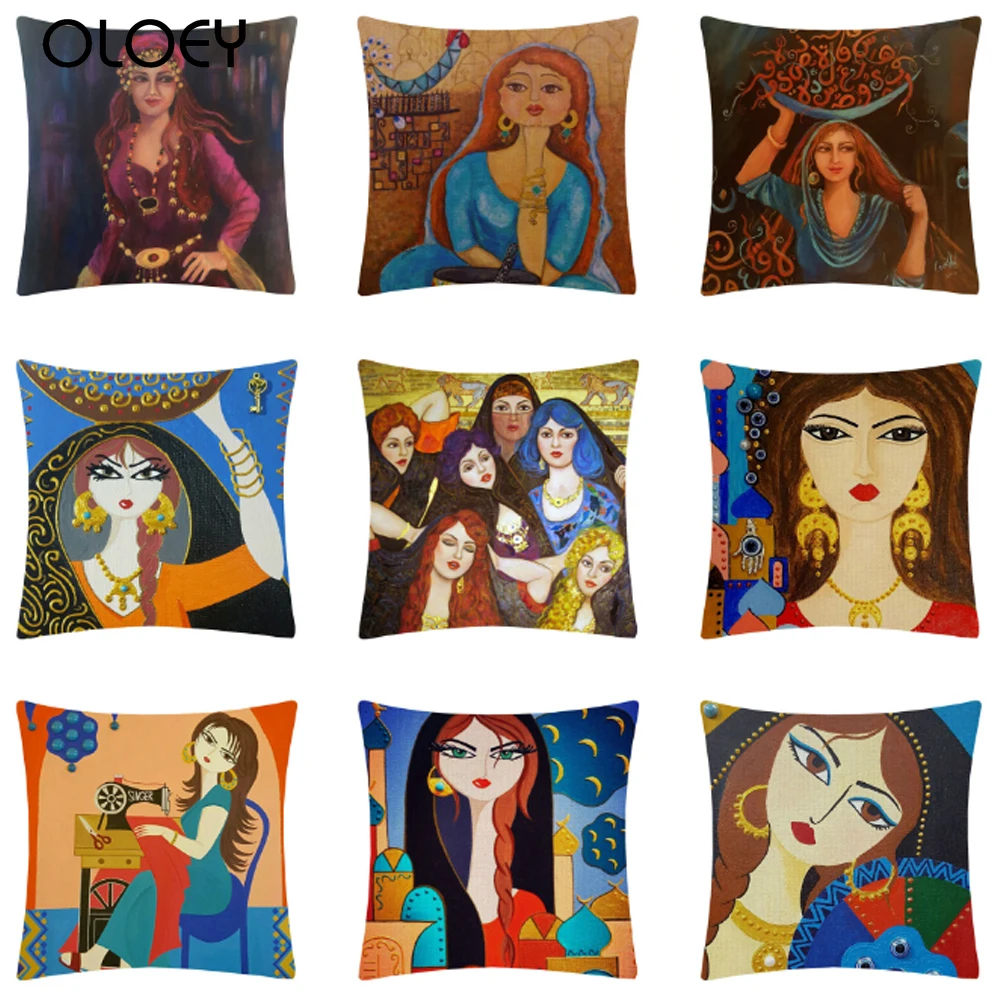 Масло Paiting Средний Восток женщина Подушка с портретном покрытии хлопок лен