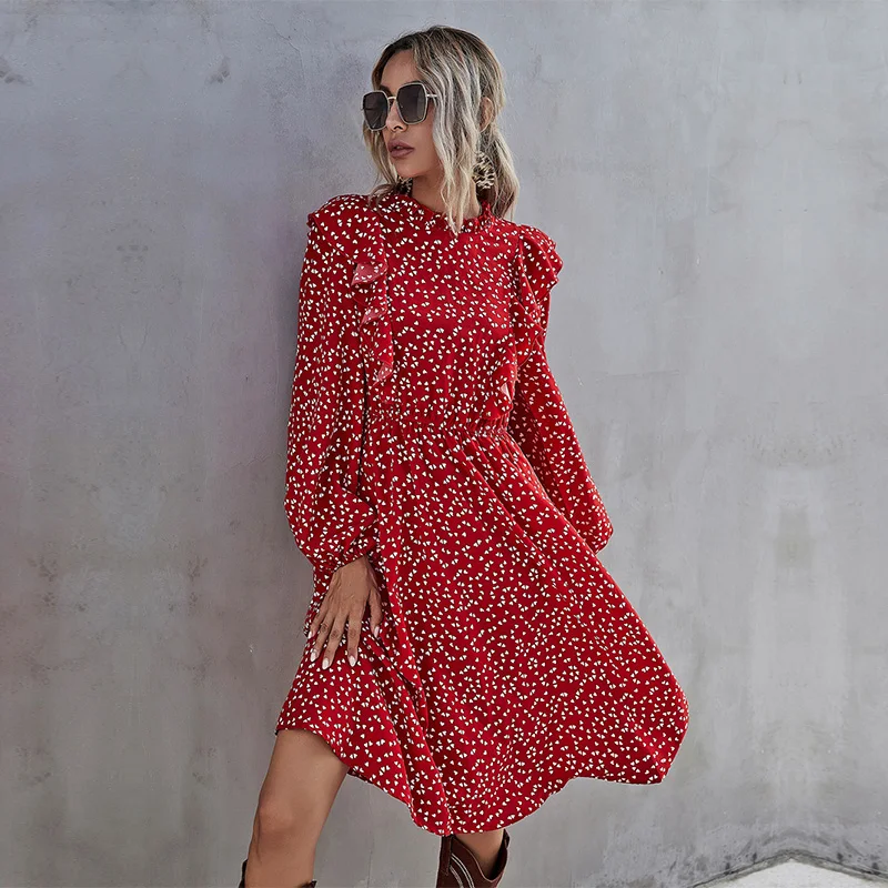

2021 Spring Autumn Fashion New Ruffles Heart Dot Print Dress Women Elegant Full Sleeve High Waist Ladies Long Floral Dress Red