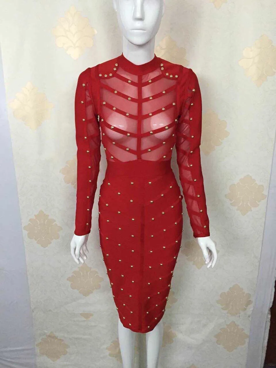 

Sexy low cut gauze perspective rivet slim bag hip long sleeve dress bandage skirt
