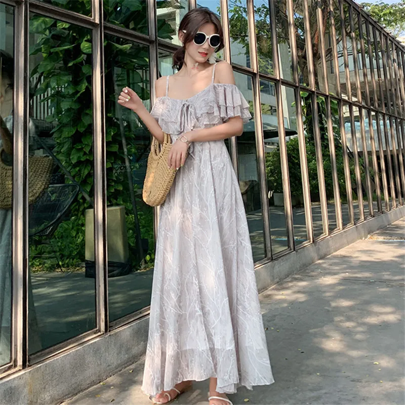 2020 Summer New Sexy Backless One Word Sling Dress Women Boho Chiffon Beach Ladies Vintage Elegant Party Dresses Vestidos | Женская