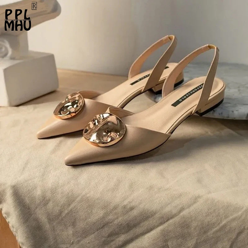 

Сандалии женские на низком каблуке, модные Нескользящие туфли с ремешком с пряжкой, элегантные офисные туфли с металлическим украшением и о...