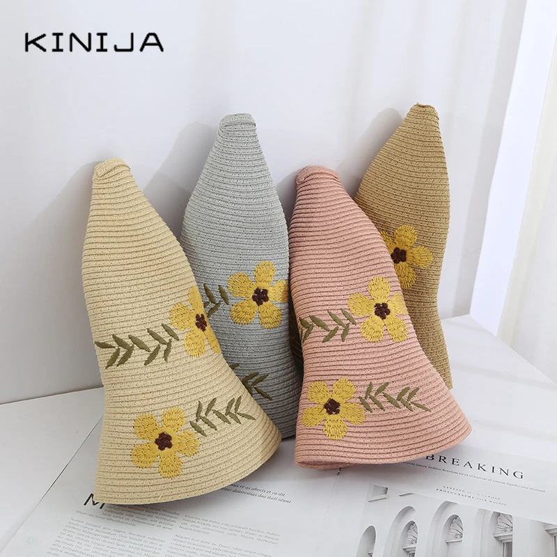 Женская соломенная шляпа с цветочной вышивкой Пляжная складная от солнца УФ