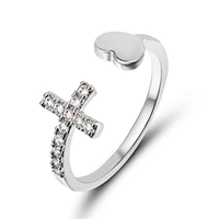 1pc silver color alloy cross heart rhinestone mosaic opening ring simple round single row zircon rings fashion party jewelry