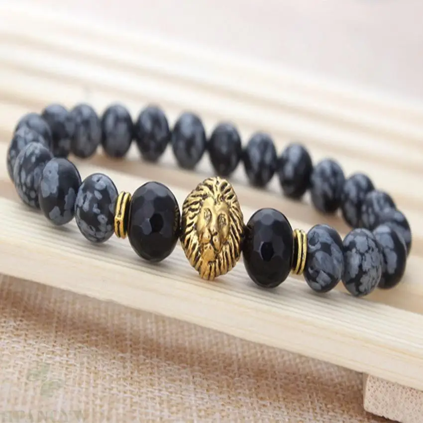 8mm Black Alabaster lion head bracelet Handmade Buddhism Healing 7.5inches Wrist Meditation mala pray Sutra Lucky men