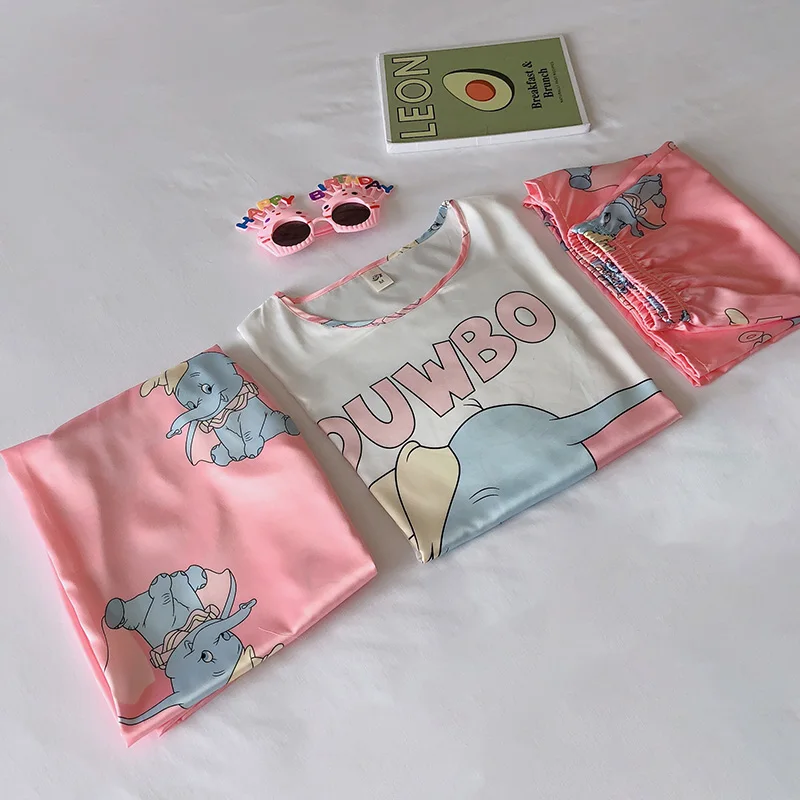 Cute Pijamas with Shorts for Women 3 Pieces Set Spring Summer Homewear Anime Elephant Dumbo Pajama Girls Cartoon Pyjama Thin New
