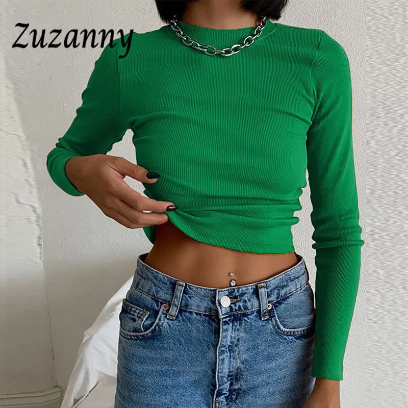 

Кроп-топ Zuzanny с круглым вырезом и длинным рукавом, модная женская одежда, 2022, однотонная Базовая футболка, резинка, повседневные облегающие б...