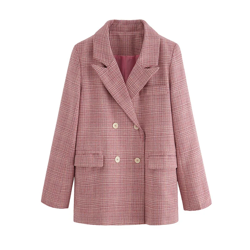 Женский винтажный блейзер в клетку розовый Свободный Повседневный простой