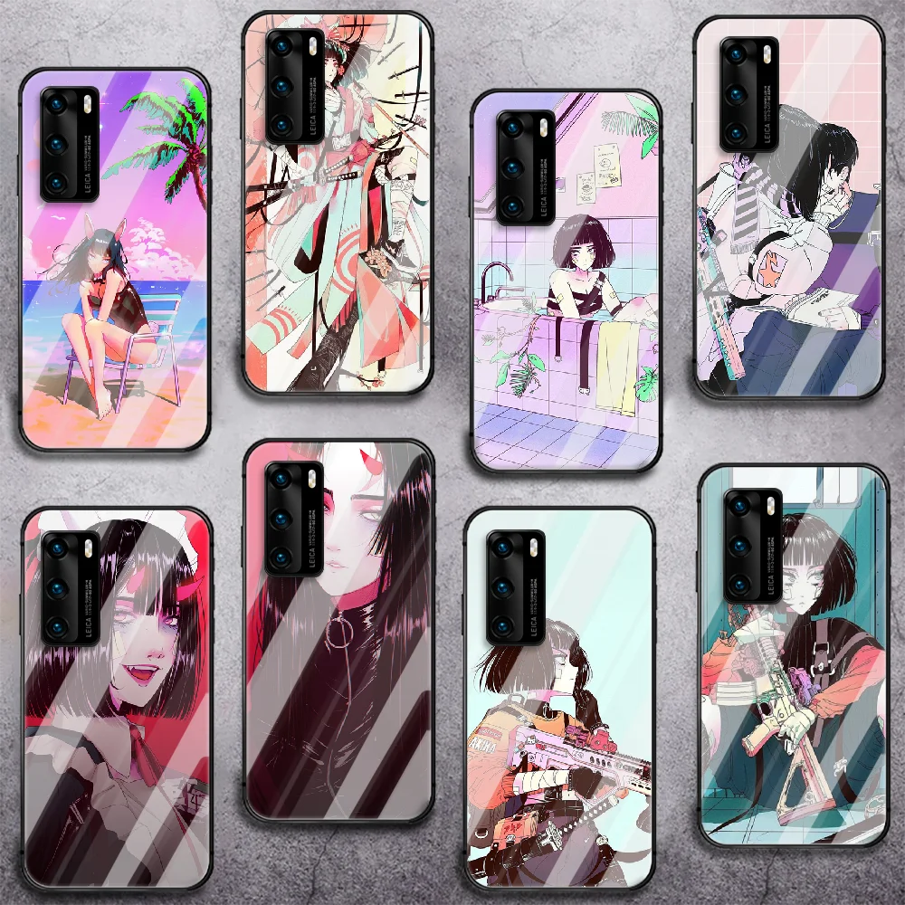 

Anime Armed cool girl Phone Tempered Glass Case Cover For Huawei P Nova Mate 5T 20 30 40 E Pro Lite Smart 2019 2021 Tpu Shell