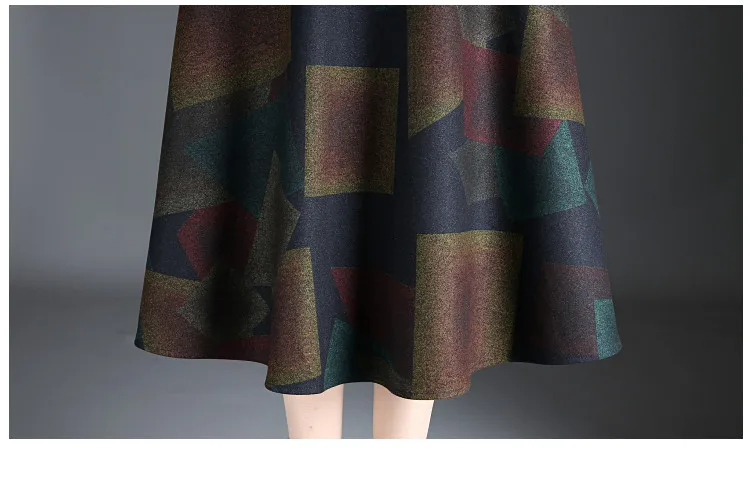 Большие размеры, винтажная шерстяная Женская юбка трапециевидной формы с принтом, зима, высокая талия, повседневная женская шерстяная теплая плиссированная Макси-юбка