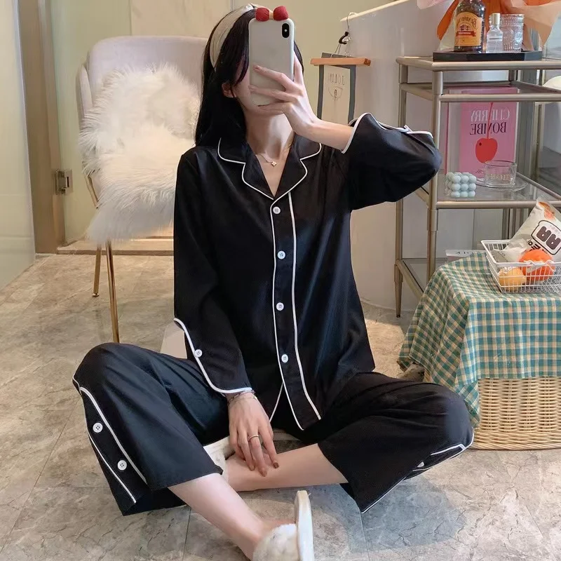 Pajamas Women Spring And Autumn Thin Off-Shoulder Home Wear Sexy Long-Sleeved Ladies Suit