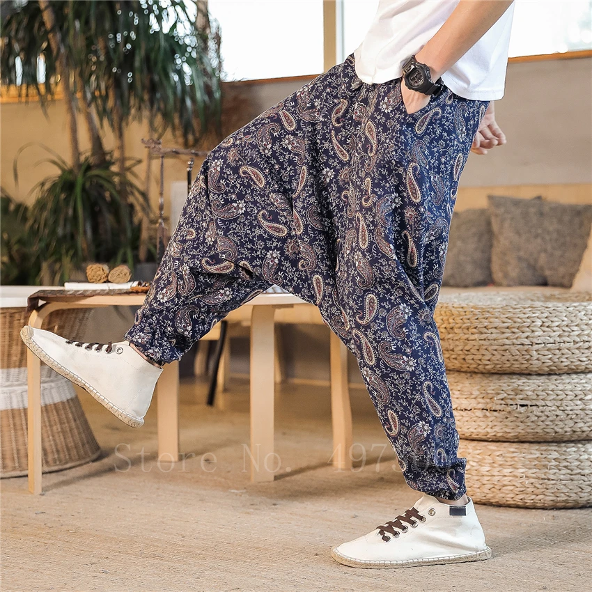 

Japanese Traditional Men Harem Pants Floral Printed Harajuku Oriental Wide Leg Trousers 8Colors Man Linen Cotton Hanging Pants