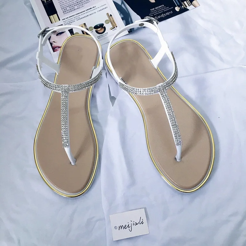 

Koovan Women's Shoes 2021 Summer Rhinestone Flat Shoes Clip T-type Strap Roman Shoes Low Sandals Women Plastic Sandals Beach