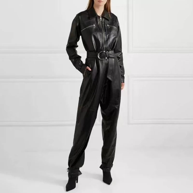 TWOTWINSTYLE Повседневный женский комбинезон из искусственной кожи с воротником с лацканами и длинным рукавом с высокой талией Комбинезон прямого силуэта Женская мода Новинка