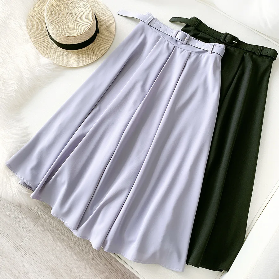 

Women Solid Office Ladies Midi Skirt with Belt Summer Elegant Chic A-line Skirt Casual Slim Simple Long Skirt Suit Pleated Skirt