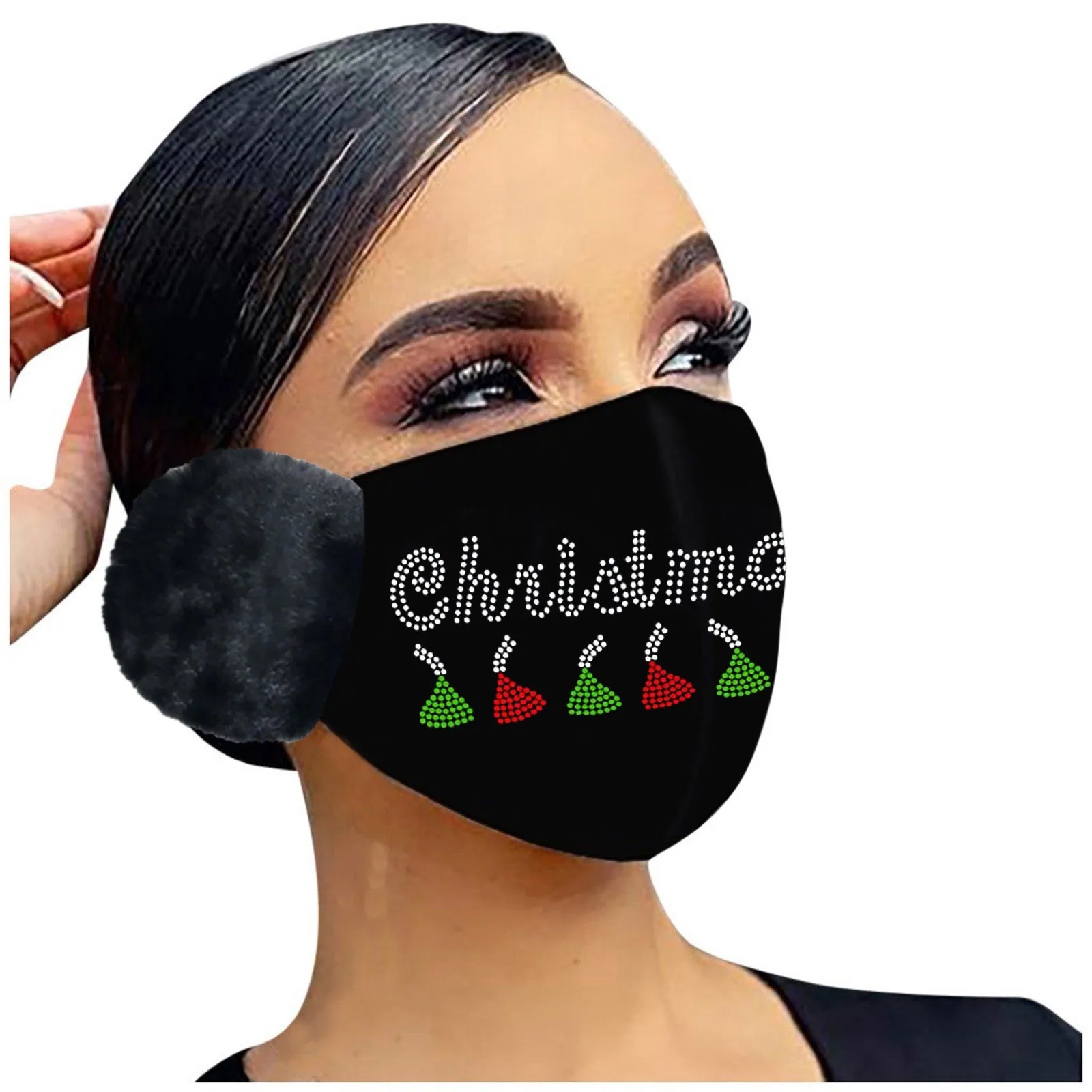 

1PC Adult Winter Earmuffs Mask Christmas Rhinestone Warm Hair Ball Hanging Ear Mask Headband Facemaska Face sunscreen masque
