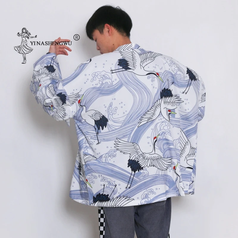 

Samurai Crane Japanese Style Kimono Haori Men Cardigan Chinese Traditional Japanese Clothing Sun Protective Jacket Asian Clothes