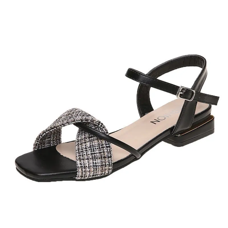 

Square Toe Female Sandal Clear Heels Buckle Strap Flat Summer Shoes Woman Girls Without Comfort 2021 Fashion Low Block Beige Rom