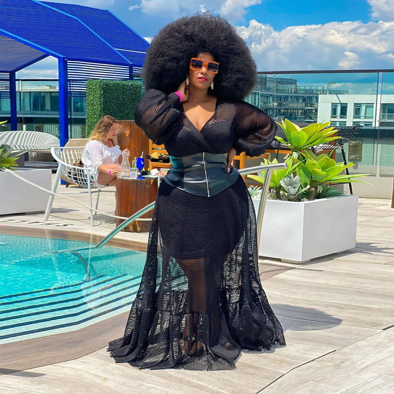 

Cutubly Plus Size XL-5XL Sexy Dresses For Women Fashion Mesh See Though Maxi Dress Ruffles Club Party Dresses No Lining