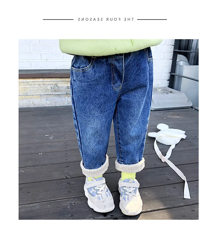 Зимние джинсы в стиле пэчворк с флисовой подкладкой для мальчиков и девочек Детские плотные теплые Универсальные джинсы