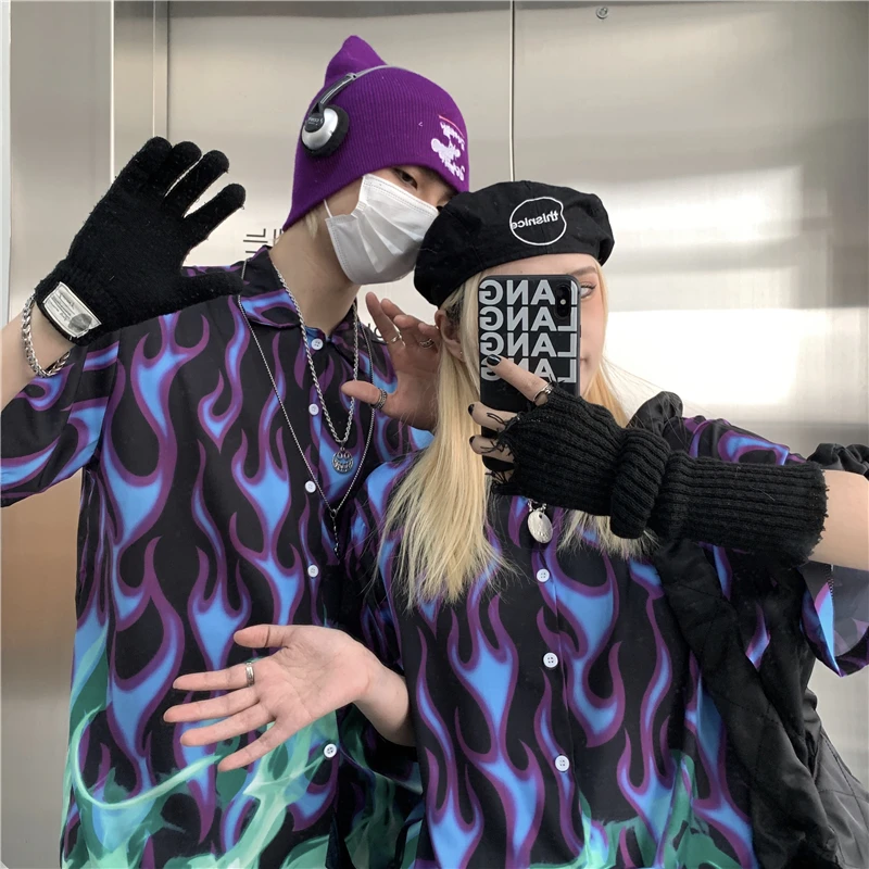 

New female summer Korean version ins street hip-hop flame contrast loose couple short-sleeved shirt