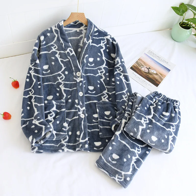 

High Quality Women's Flannel Pajamas Set Men Winter Thick Warm Sleepwear Drop Shipping Homewear Couple Cartoon Home Clothes 2022