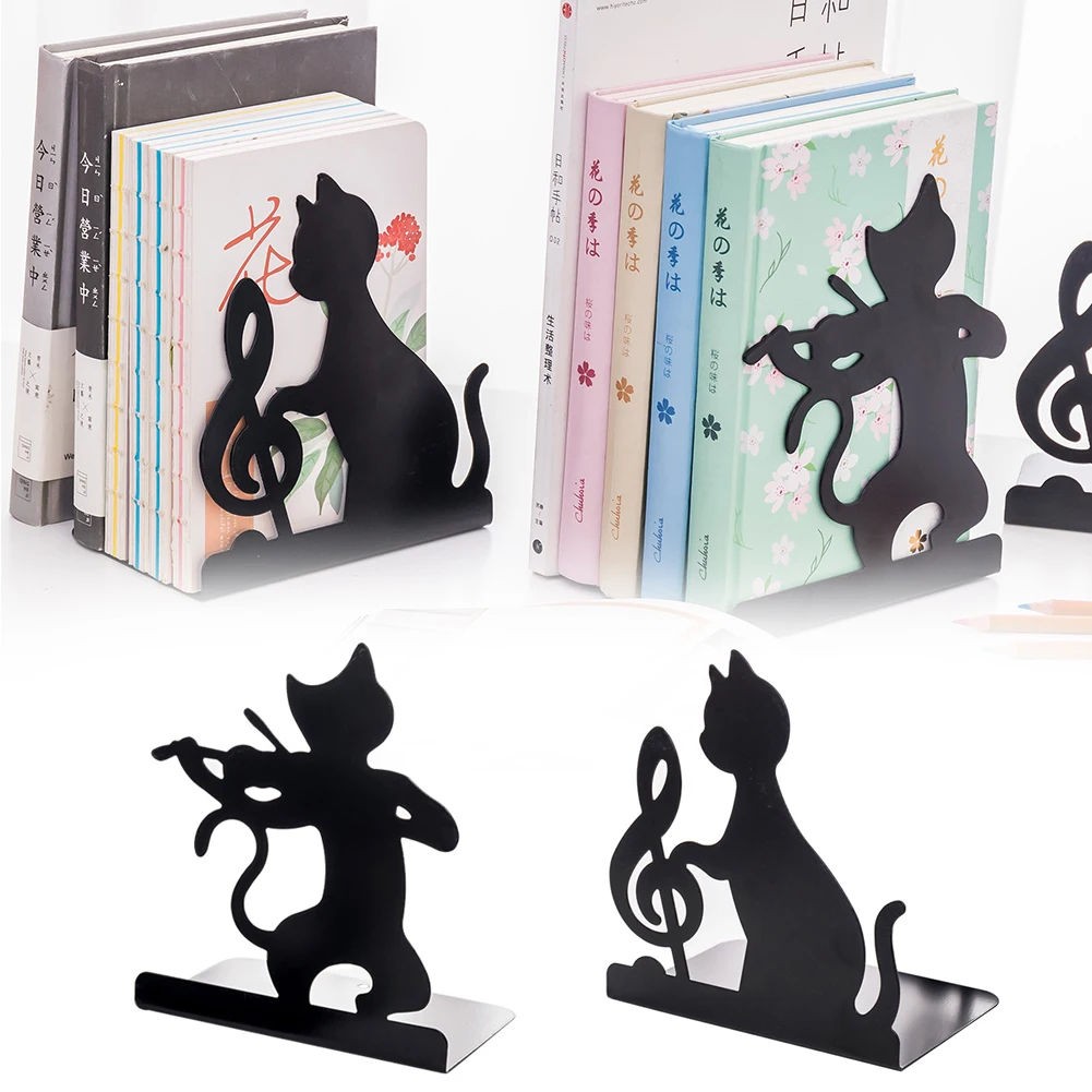 1 Pair Catalogs Practical Free Standing Cute Kawaii Black Desktop Iron Magazines Non-skid Home Office Cat Bookend Decorative |