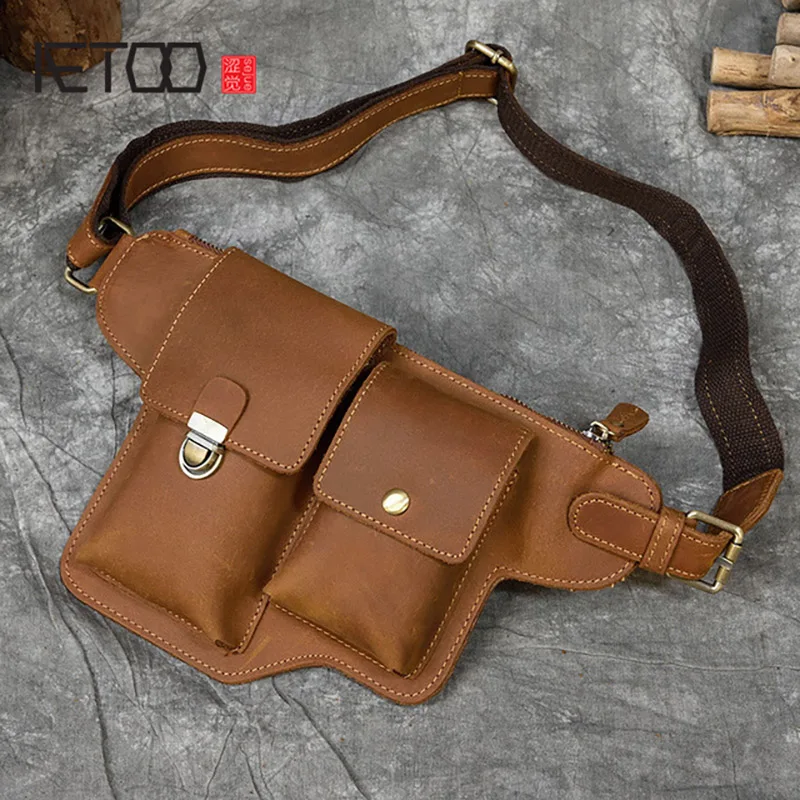 

AETOO Men's Crazy Horse Leather Waist Bag, Retro Leather Waist Bag, First Layer Cowhide Crossbody Bag, Multifunctional Men's Bag