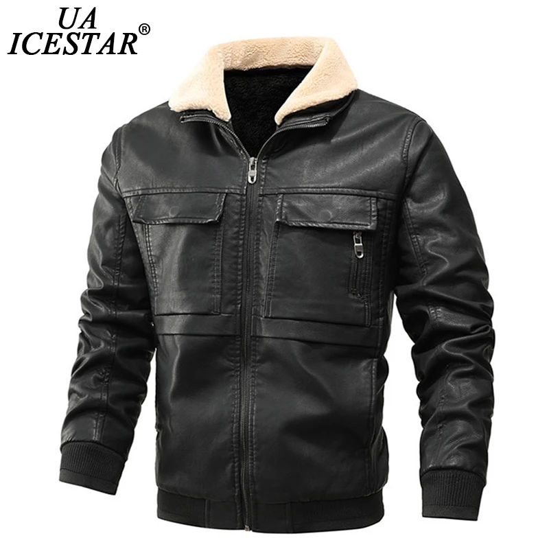 

Зимняя кожаная куртка с меховым воротником UAICESTAR, мужские пальто, Брендовое модное повседневное кожаное пальто, Осенние теплые флисовые муж...