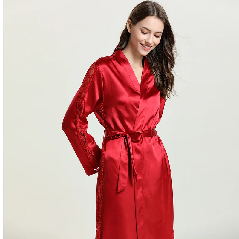 

Women's Pajamas Emulation Silk Nightgown Lace-up Sexy Long Robe Bathrobe Solid Color Homewear