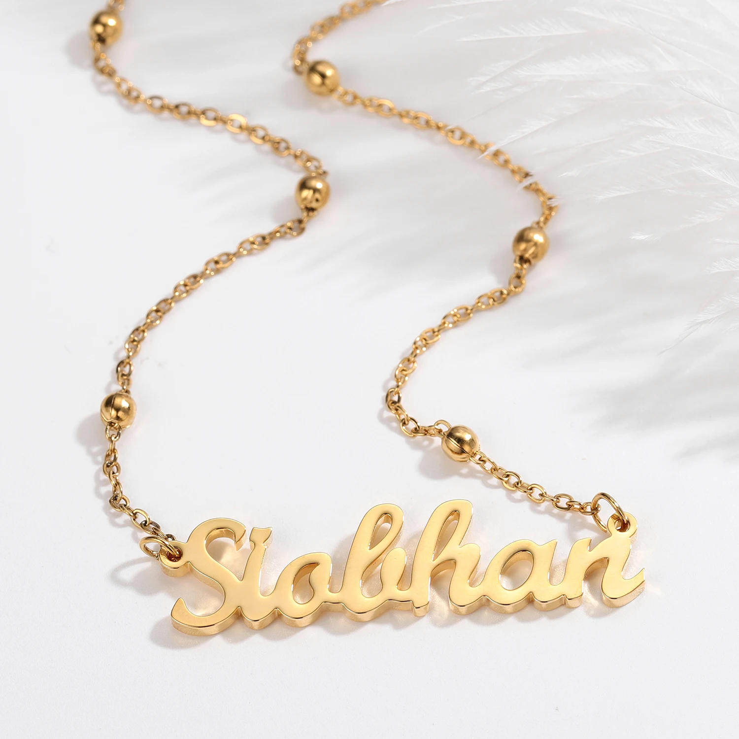 

Women's Stainless Steel Jewelry Name Necklace Personalized Nameplate Pendant Gold Bead Chain Choker Jewelry Handmade Gifts