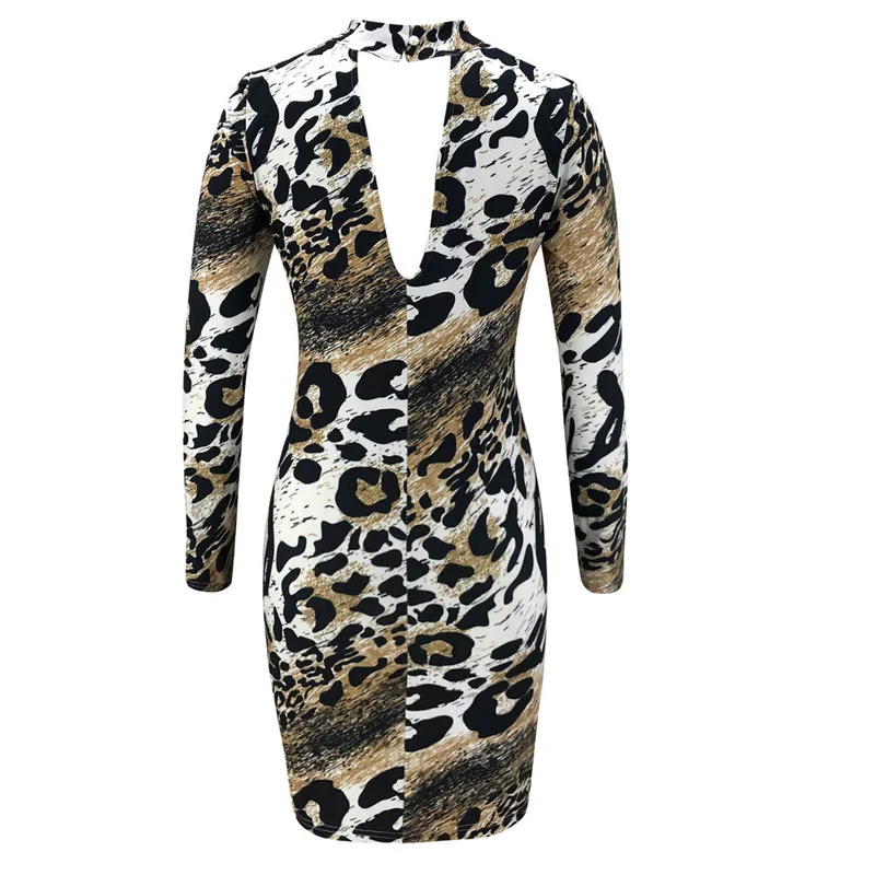 

Sexy Halter Deep V Backless Bodycon Mini Dress Women Leopard Print Party Dresses Autumn Patchwork Long Sleeve Package Hips Dress