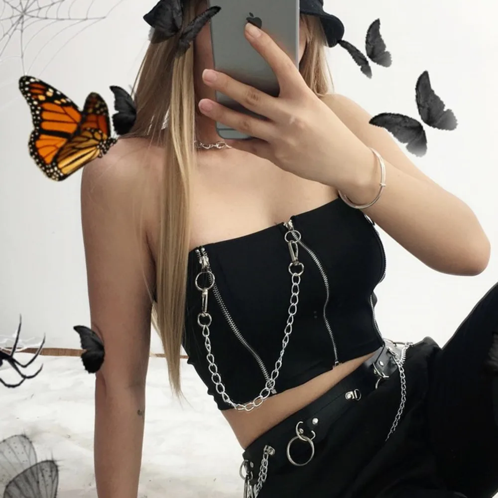 

YICIYA Black Harajuku Punk Black Bandeau Top Chains Strapless Wrap Crop Tops Tees Sleeveless Summer Ladies Tube Top Streetwear