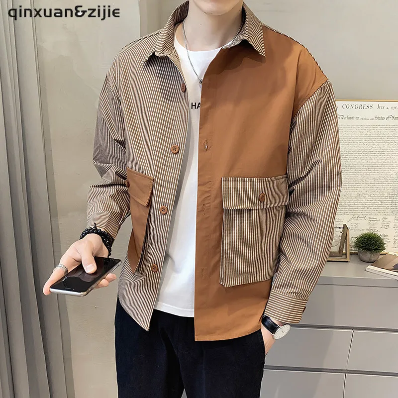 

Повседневные мужские куртки, кардиган, новая корейская мода, пальто в стиле пэчворк, мужская одежда на пуговицах, осень 2021, Прямая поставка