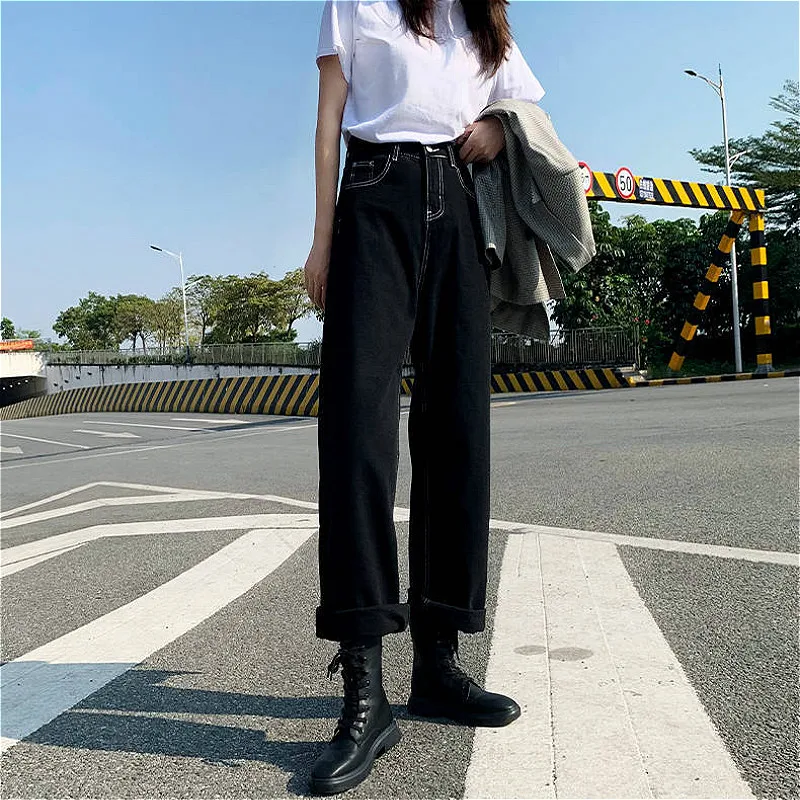 

Jeans Women All-match Korean Style Mopping Trousers Denim Vintage Black Solid High Waist Spring Baggy Chic Street Casual