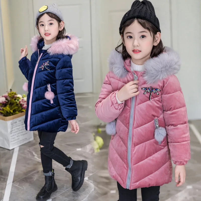 2019 г. Зимняя хлопковая одежда для девочек Детская куртка с меховым воротником и