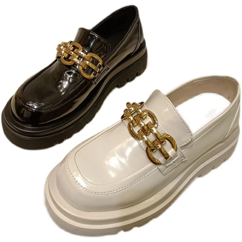 

21 spring new patent leather leather metal buckle single shoes women's mid-heel British style small leather shoes platform shoes